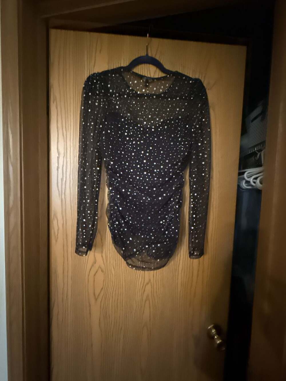 Express Black Mesh Star Print Ruched Long Sleeve Top Size S - Picture 2 of 3